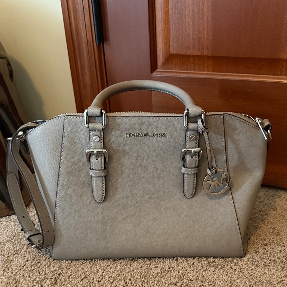 Michael Kors Light Gray Saffiano Leather Satchel with Logo Charm
